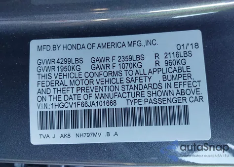 2018 Honda Accord Ex-L from USA, damaged, VIN 1HGCV1F66JA101668